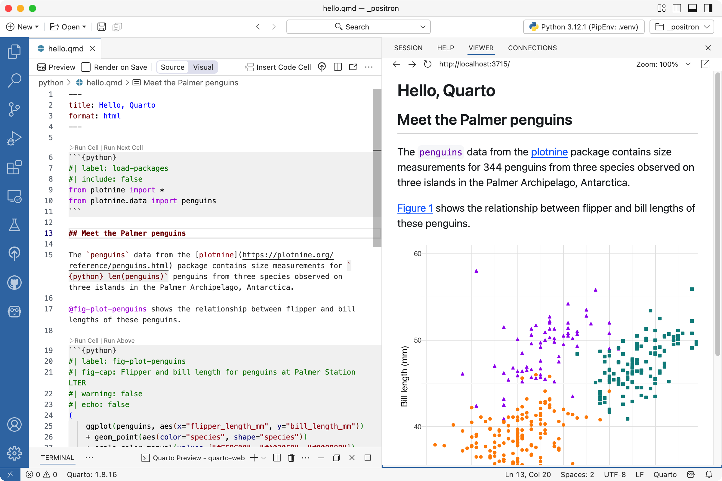 Positron with `hello.qmd` open in the Editor, and a preview open in the Viewer. The Editor shows a markdown section updated to 'Meet the Palmer penguins', the Viewer shows the same updated section title.